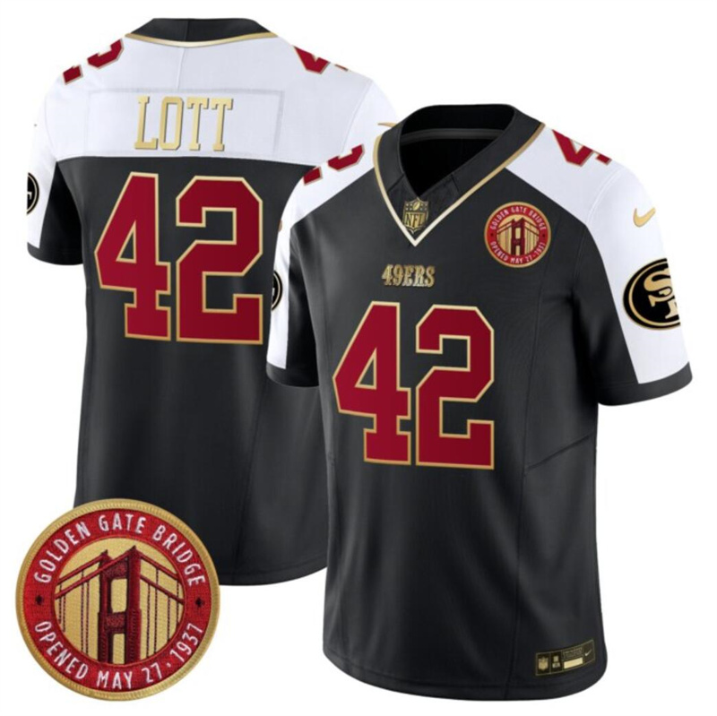 Men's San Francisco 49ers #42 Ronnie Lott Balck/White F.U.S.E. Golden Gate Bridge Patch Alternate Vapor Limited Stitched Football Jersey Men's San Francisco 49ers #42 Ronnie Lott Balck/White F.U.S.E. Golden Gate Bridge Patch Alternate Vapor Limited Stitched Football Jersey